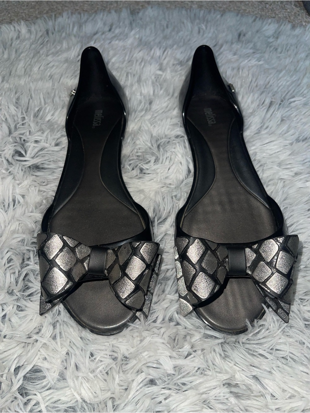 Women’s Melissa Pointed-Toe Bow Flats in Black and Silver